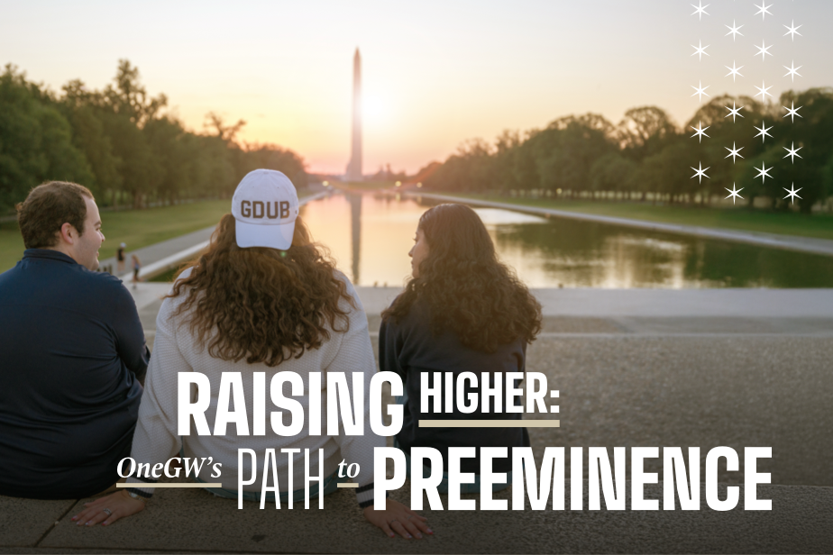 Raising Higher: One GW's Path to Preeminence | three GW student look off towards the sunset on the Washington Monument